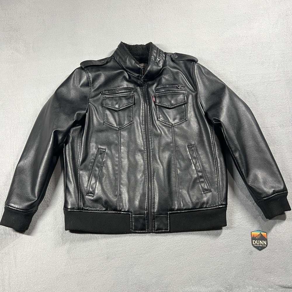 Levis Jacket Mens XL Black Faux Leather Insulated Sherpa‎ Lined Bomber Moto